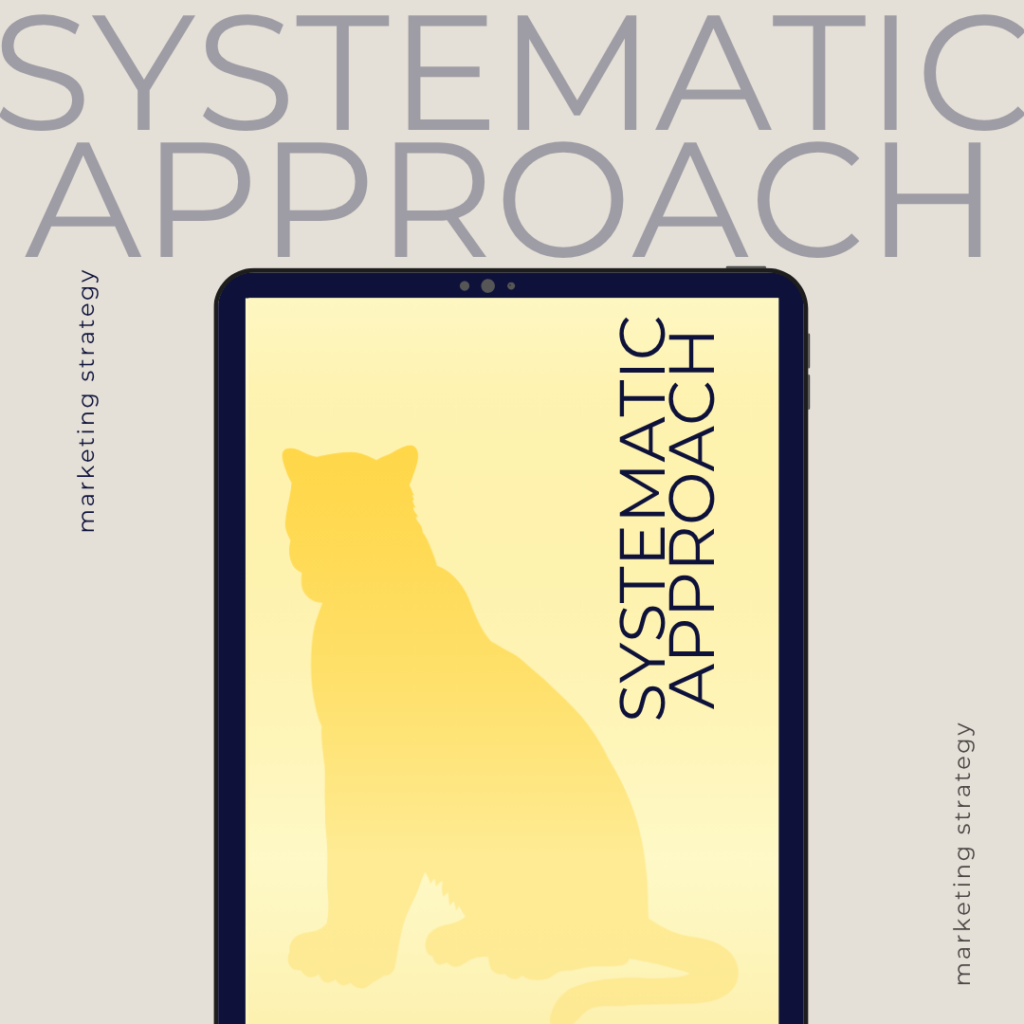 Metaphorical illustration of marketing. Systematic approach. Text. Phone screen.