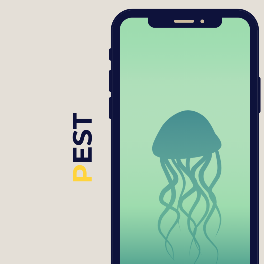 Metaphorical illustration of market analysis. Strategic frameworks. Text. Phone screen.